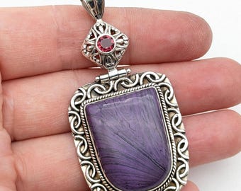 Large Artisan Sterling Silver Charoite & Pink Garnet Pendant