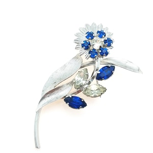Sterling Silver & Blue Rhinestone Flower Brooch