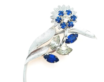 Sterling Silver & Blue Rhinestone Flower Brooch