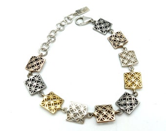 Vintage Four-Color Sterling Silver, Gold Vermeil Viorelli Link Bracelet - 6.5-8" Adjustable
