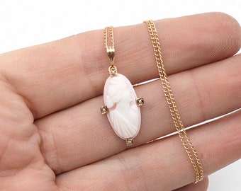 Antique 10k Rose Gold Carved Shell Cameo & Seed Pearl Pendant Necklace - 15"