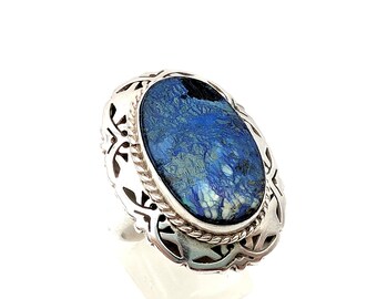 Vintage Sterling Silver & Azurite Adjustable Solitaire Ring - Size 7-10