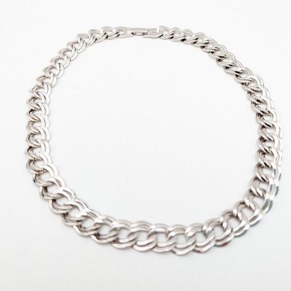 Vintage Bright Silver Tone Double Link Chain Necklace - 18"