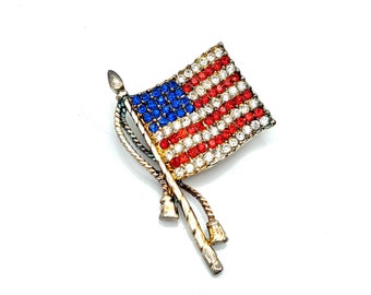 Vintage Rhinestone American Flag Brooch - 2.25"