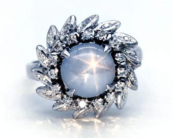 18K White Gold Natural Icy Blue Star Sapphire & Diamond Estate Ring - Size 8.25, Resizeable