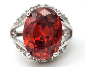 Sterling Silver & Large Oval Cut Red-Orange Simulated Garnet and CZ  Ring - Size 7