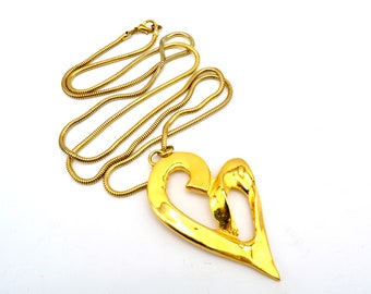 Vintage Long Open Heart Pendant Snake Chain Necklace - 35"