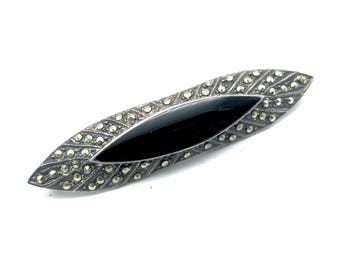 Antique Sterling Silver Marcasite & Black Onyx Art Deco Brooch