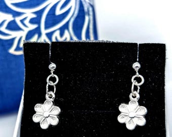 Sterling Silver Flower Charm Dangle Earrings; Puffy Flower, 3D