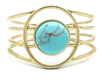Signed Lucky Brand Vintage Gold Tone & Faux Turquoise Cuff Bracelet - Small