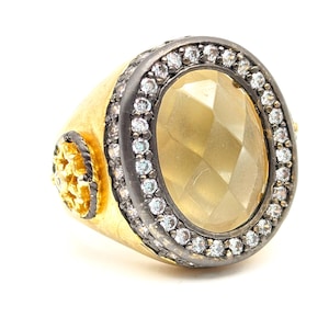 Vintage Belargo Gold Vermeil Sterling Silver Smoky Quartz & CZ Statement Ring - Size 6.75