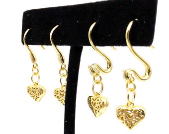 18K Gold Vermeil Filigree Heart Earrings; Charm Dangle, Puffed Heart, Dragon Heart