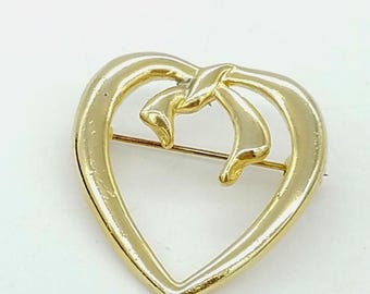 Vintage Gold-Tone Open Heart Bow Brooch