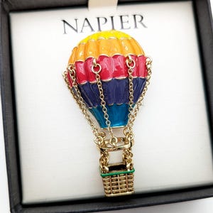 Vintage Rainbow Enamel Hot Air Balloon Brooch Signed Napier in Original Box