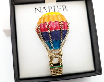 Vintage Rainbow Enamel Hot Air Balloon Brooch Signed Napier in Original Box