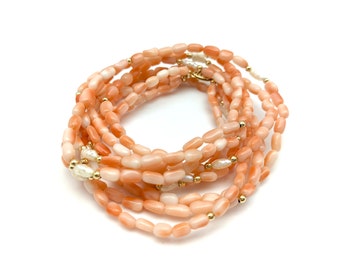 14k Natural Pink Angelskin Coral & Rice Pearl Multi-Strand Beaded Necklace - 20"