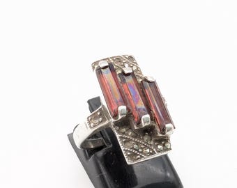 Vintage Garnet, Marcasite & Sterling Silver Art Deco Ring - Size 4.75