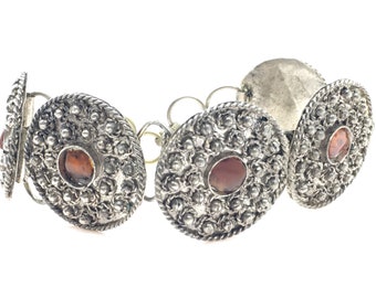 Vintage Handmade Silver Tone & Natural Amber Link Bracelet - 7.5"