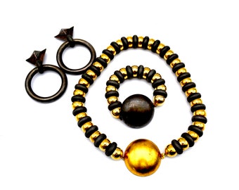 Vintage Bronze & Gold Statement Demi-Parure; Necklace, Bracelet and Earrings