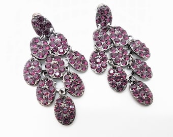 Pave Purple Rhinestone Gunmetal Dangle Earrings - 2"