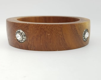 Wide Vintage Handmade Wood & Rhinestone Bangle Bracelet