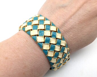 Signed Graziano Turquoise Blue & White Gold Tone Link Bracelet - 7.25"