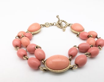 Vintage Monet Pink Coral Lucite & Gold Tone Link Bracelet - 7.5"