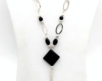 Vintage Sterling Silver & Black Onyx Bead Necklace - 18"