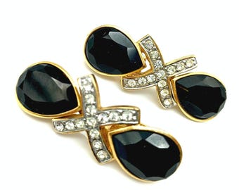 Pendientes colgantes grandes con clip y diamantes de imitación negros, blancos y dorados de Les Bernard - 1 7/8"