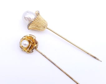 Two Vintage Faux Pearl & Gold-Tone Stick Pins
