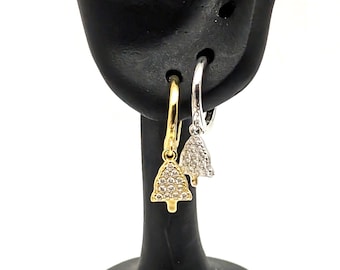 Sterling Silver CZ Christmas Tree Hoop Dangle Earrings - 18K Gold Vermeil, Holiday Earrings