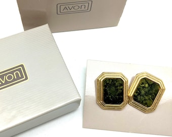 Vintage Avon "Park Avenue" Faux Jade and Gold Tone Stud Earrings In Original Box