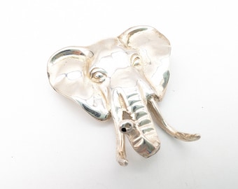 Heavy Vintage Sterling Silver Figural Elephant Head Brooch - 1.5"