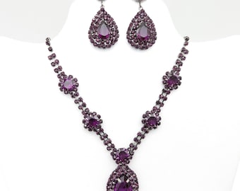Signed Purple Rhinestone Crystal and Gunmetal Gray Pendant Necklace & Dangle Earrings Set