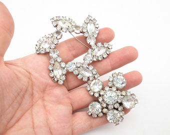 Set of 2 Vintage Silver Rhinestone Flower Brooches