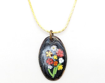 Copper Enamel Floral Pendant Necklace Signed Master - 24"