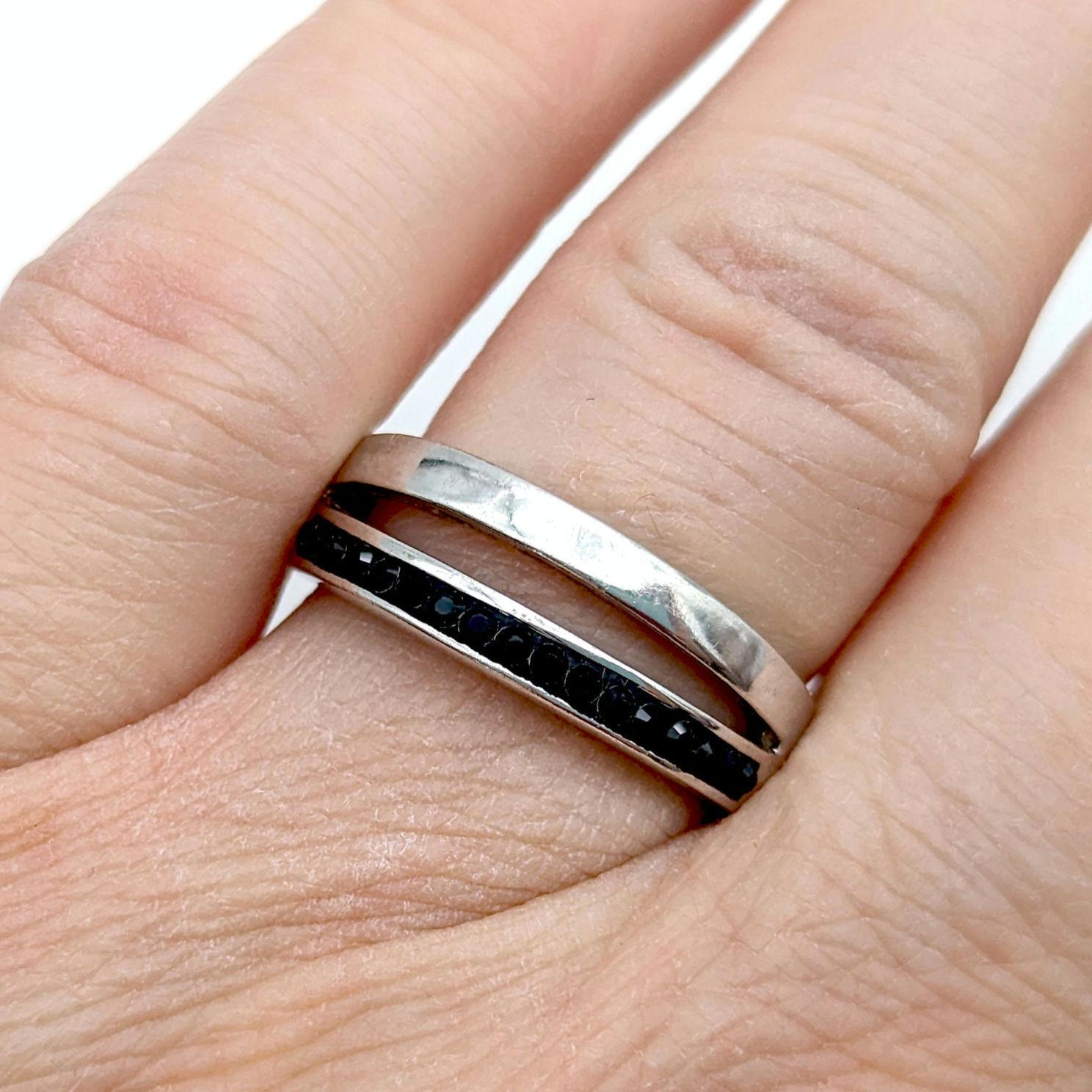 Sterling Silver & Black Swarovski Crystal Double Band Ring - Size 