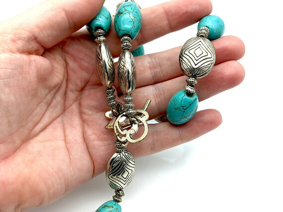 Vintage Faux Turquoise Glass & Etched Silver Bead… - image 3