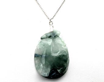 Sterling Silver & Carved Jade Chinese Zodiac Ram/Sheep Pendant Necklace - 20"