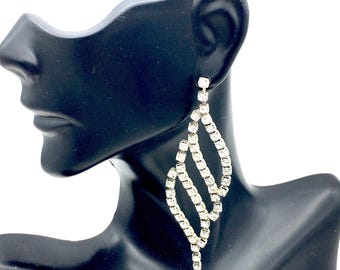 Vintage Silver Tone & Rhinestone Dangle Prom / Wedding Earrings