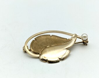 Vintage Gold Filled Pearl Leaf Brooch