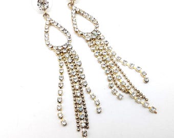 Gold Tone & Rhinestone Long Dangle Prom / Wedding Earrings - 3.25"
