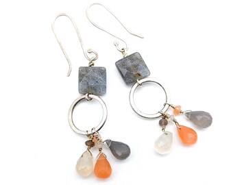 Vintage Artisan Labradorite, Orange Opal, Moonstone & Sterling Silver Dangle Earrings