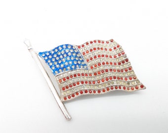 Vintage Rhinestone American Flag Brooch - 1.5"