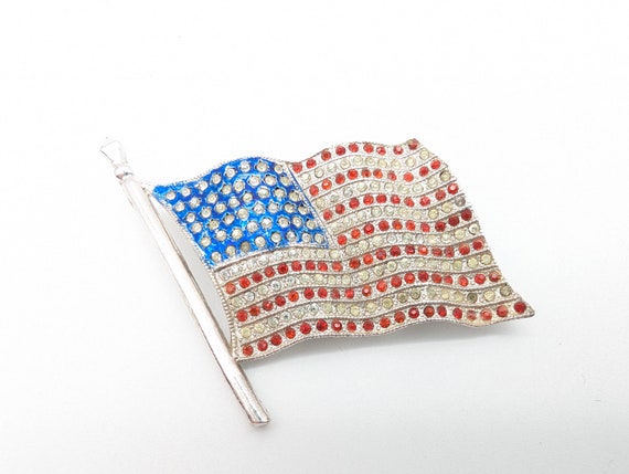 Vintage Rhinestone American Flag Brooch - 1.5" - image 1