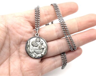 Vintage Holy Family/St. Christopher Medallion Pendant Necklace -24"