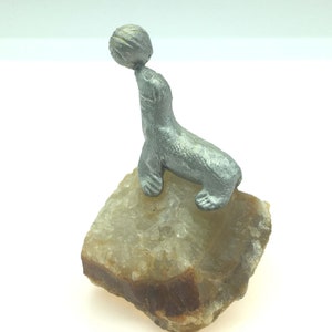 1980s Pewter Seal on Agate Crystal Rock figurine