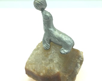 1980s Pewter Seal on Agate Crystal Rock figurine
