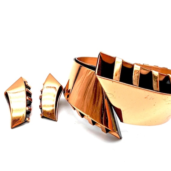 Solid Copper Hinged Bangle Bracelet & Clip Earrin… - image 1