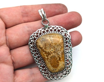 Vintage Fossilized Coral Sterling Silver Pendant